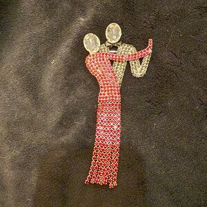 Dancing Couple Rhinestone Brooch, Dangling Fringe Dress, Vintage Jewelry